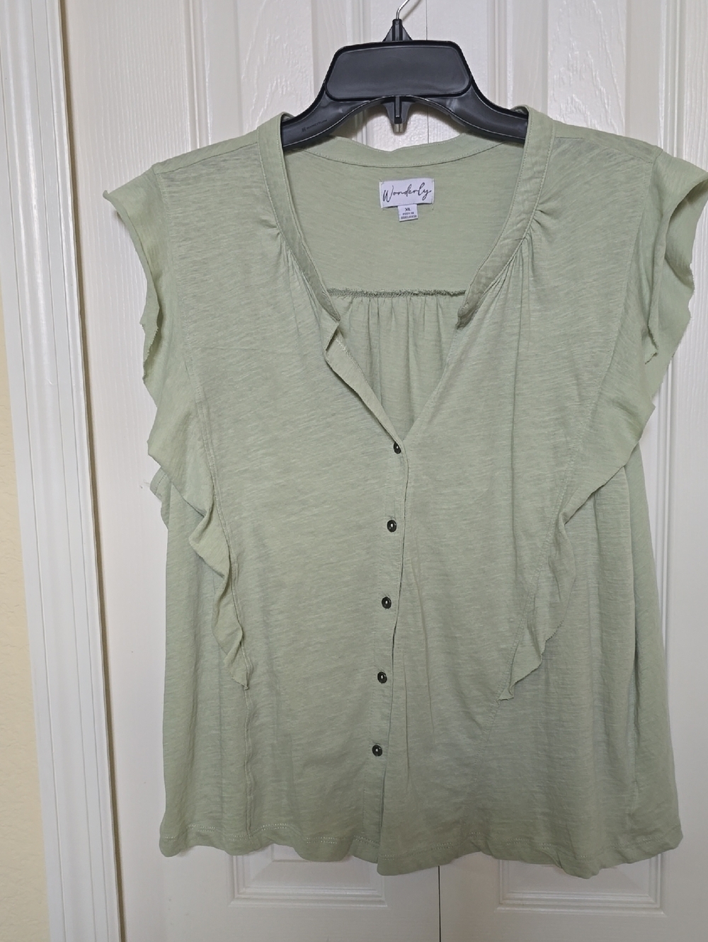 Wonderly Light Sage Ruffle Button-Front Women's Top